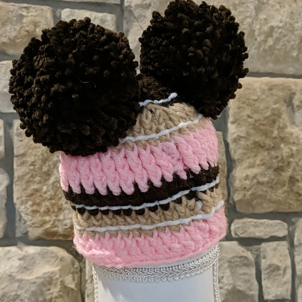 Pink brown Crochet Newborn Girl Hat with puff balls